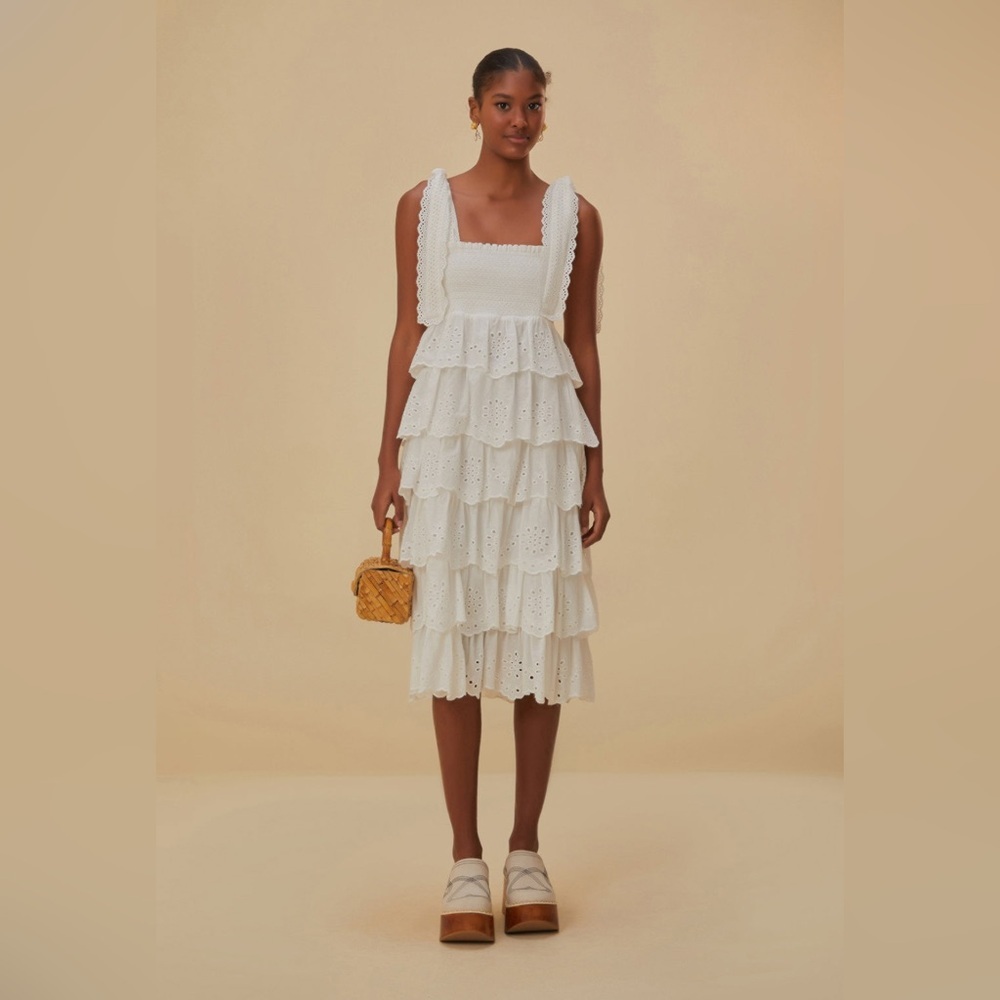 Farm Rio Off-White Embroidered Ruffle Midi Dress